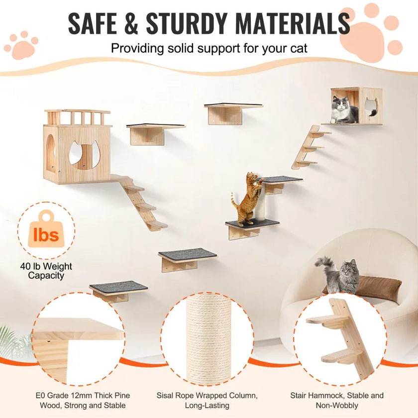 Wall Mounted Cat Shelves Set of 9 – Wooden Cat Wall Perches, Hammocks & Jumping Platforms – Space-Saving Cat Furniture (Natural Pine)