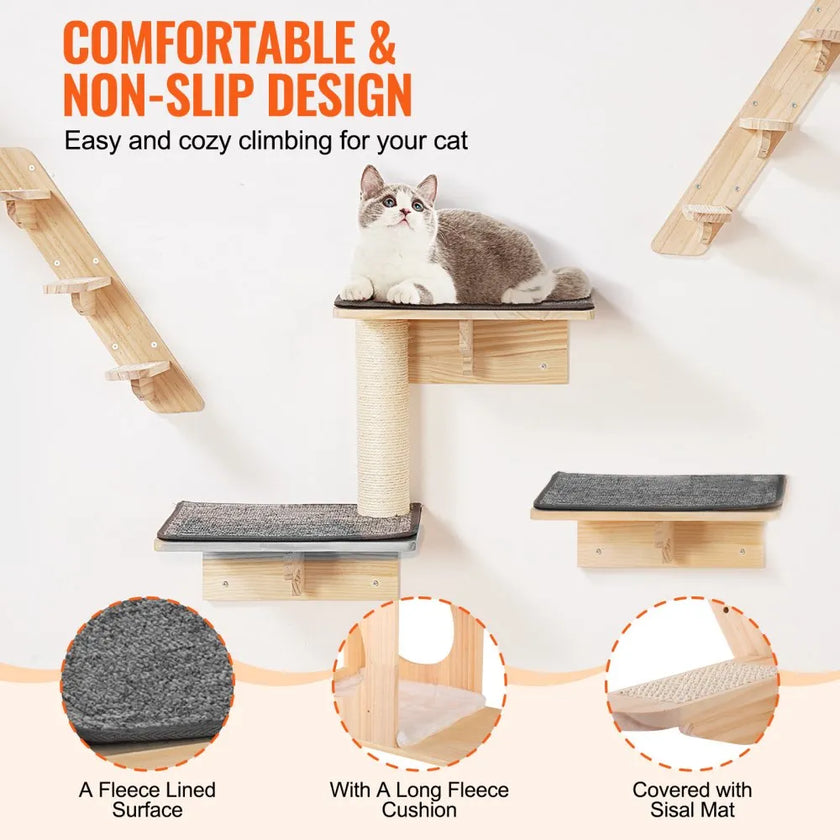 Wall Mounted Cat Shelves Set of 9 – Wooden Cat Wall Perches, Hammocks & Jumping Platforms – Space-Saving Cat Furniture (Natural Pine)