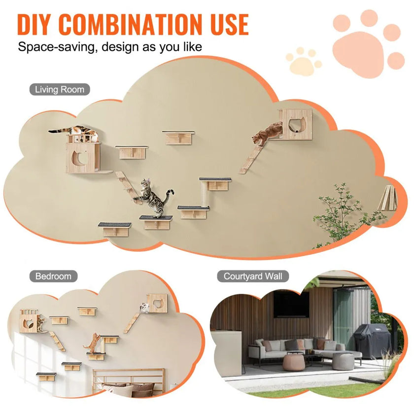 Wall Mounted Cat Shelves Set of 9 – Wooden Cat Wall Perches, Hammocks & Jumping Platforms – Space-Saving Cat Furniture (Natural Pine)