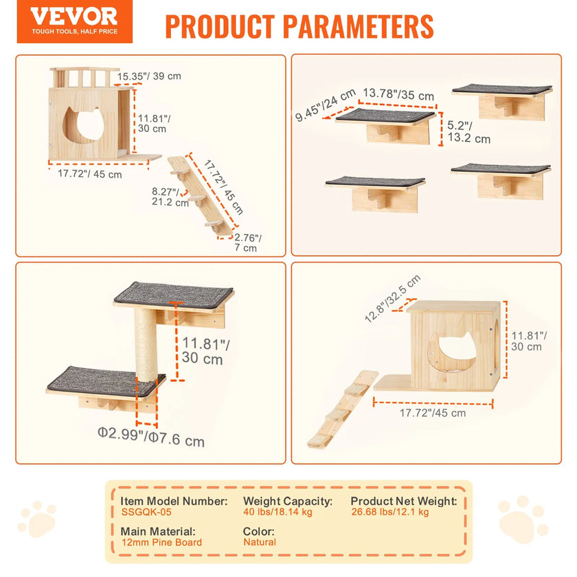 Wall Mounted Cat Shelves Set of 9 – Wooden Cat Wall Perches, Hammocks & Jumping Platforms – Space-Saving Cat Furniture (Natural Pine)
