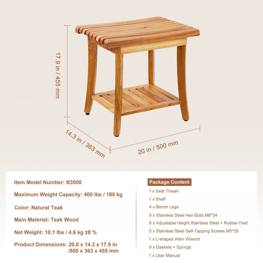 VEVOR Teak Shower Bench 20 x 14.3 x 17.9 in Wood Shower Stool Chair for Bathroom