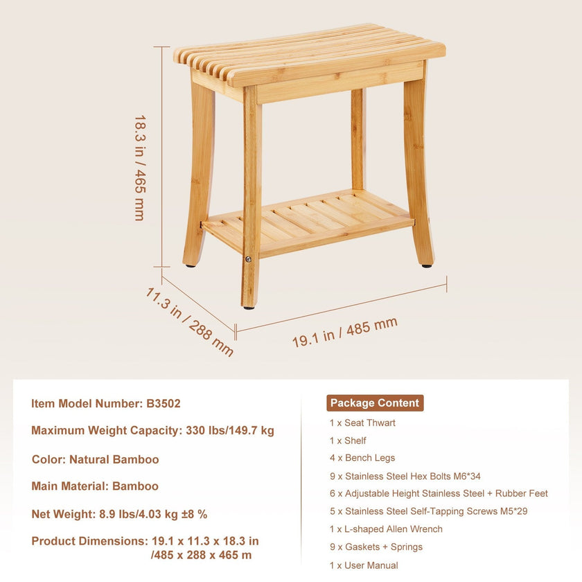 VEVOR Bamboo Shower Bench 19.1 x 11.3 x 18.3 in Shower Stool Chair for Bathroom