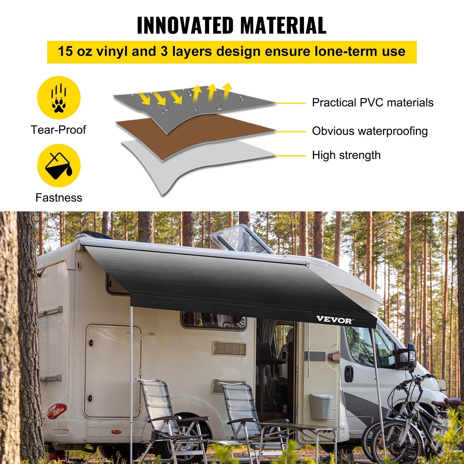 VEVOR RV Awning, Awning Replacement Fabric 18 FT, Charcoal Fade RV Awning Replacement, 15oz Vinyl Material Replacement Awning, Sun Shade and Waterproof Camper Awning Replacement Fabric