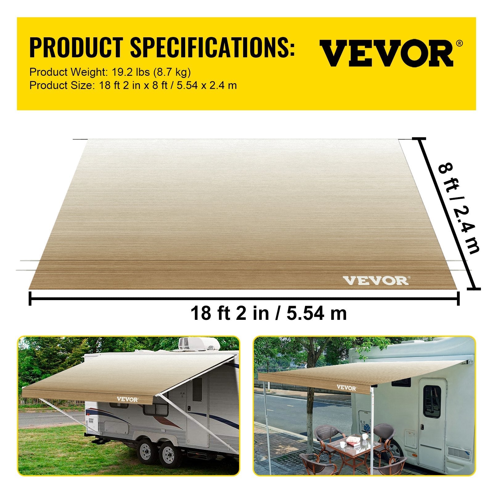 VEVOR RV Awning, Awning Replacement Fabric 19 FT, Brown Fade RV Awning Replacement, 15oz Vinyl Material Replacement Awning, Sun Shade and Waterproof Camper Awning Replacement Fabric