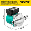 VEVOR Recirculating Pump, 93W 110V Water Circulator Pump, Automatic Start Circulating Pump NPT 3/4