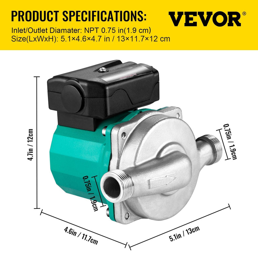 VEVOR Recirculating Pump, 93W 110V Water Circulator Pump, Automatic Start Circulating Pump NPT 3/4
