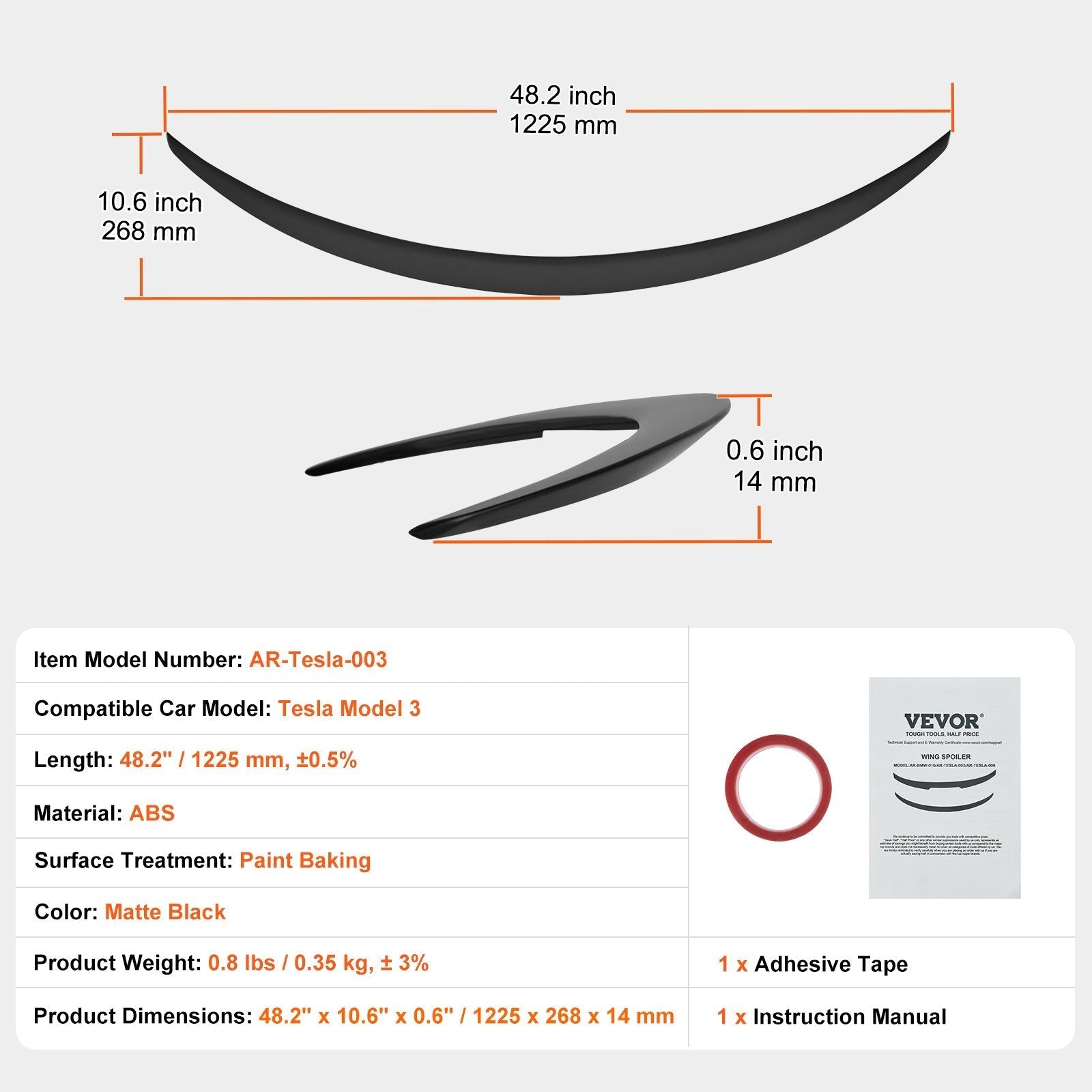 VEVOR GT Wing Car Spoiler, 48.2 inch Spoiler, Compatible with Tesla Model 3, High Strength ABS Material, Baking Paint, Car Rear Spoiler Wing, Racing Spoilers for Cars, Matte Black