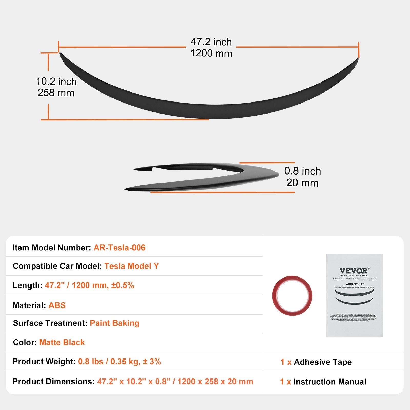 VEVOR Rear Spoiler 47.2'' GT Style Trunk Wing Compatible with Tesla Model Y