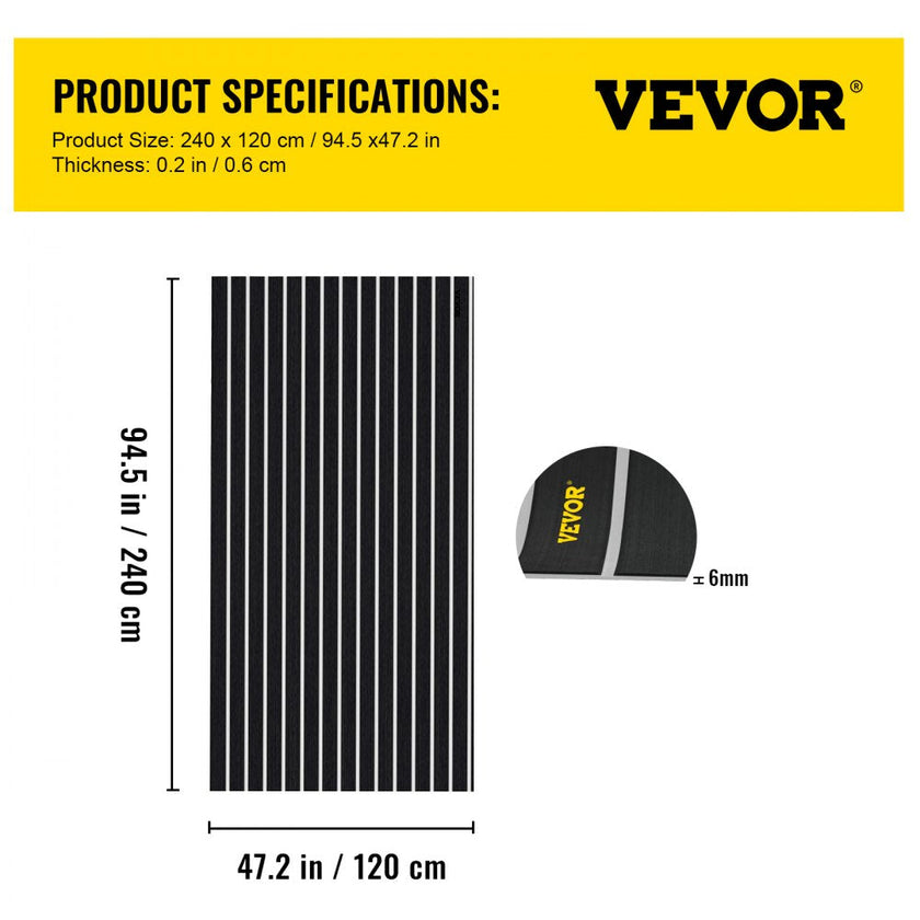VEVOR EVA Foam Faux Teak Boat Deck Sheet Floor Pad Mat 94 x 47/94 x 35/90 x 35 Inch Black + White Seam Self-Adhesive Sea Deck Marine Yacht Skid-Proof RV Boat Floor EVA Foam Deck for Garden Floor