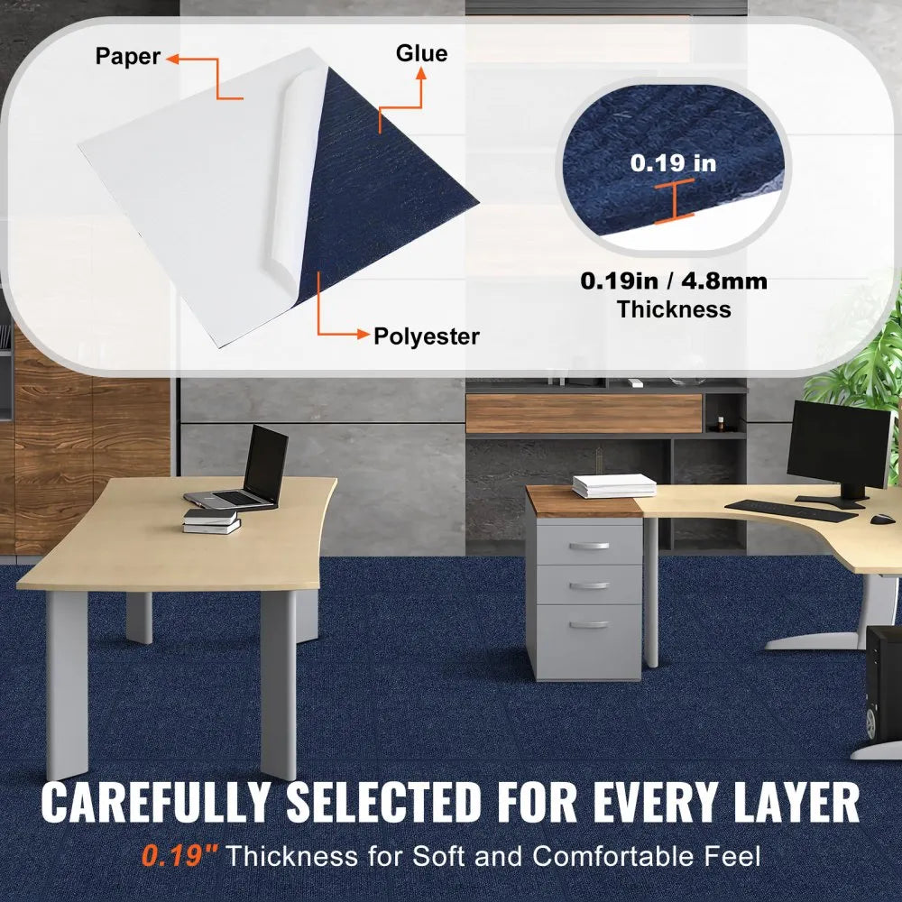 VEVOR Carpet Tiles Peel and Stick, 24” x 24” Squares Self Adhesive Carpet Floor Tile, Soft Padded Carpet Tiles, Easy Install DIY for Bedroom Living Room Indoor Outdoor (15Tiles, Dark Blue)
