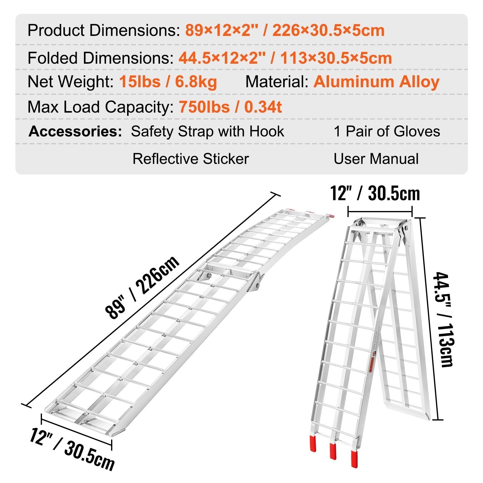 VEVOR Motorcycle Ramps, 750lbs Folding Loading Ramps for Pickup Trucks Bed, Trailers Ramp with Load Straps for Motorcycle, Dirt Bike, UTV, Lawn Mower, Truck, Snowblower, Cargo Trailer, 89