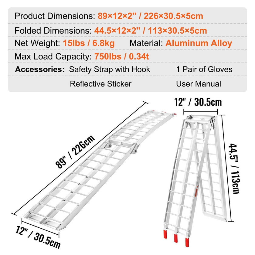 VEVOR Motorcycle Ramps, 750lbs Folding Loading Ramps for Pickup Trucks Bed, Trailers Ramp with Load Straps for Motorcycle, Dirt Bike, UTV, Lawn Mower, Truck, Snowblower, Cargo Trailer, 89