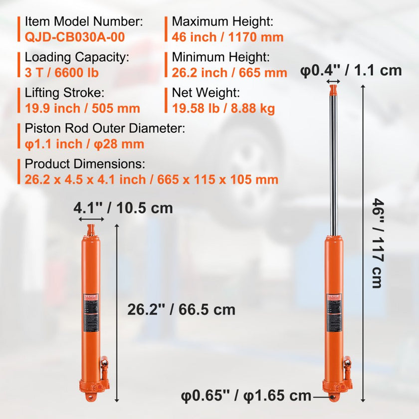 VEVOR Hydraulic Long Ram Jack, 3 Ton Engine Hoist Cylinder with Single Piston Pump And Clevis Base, Hydraulic Ram Cylinder for Engine Lift Hoists, Hydraulic Garage/Shop Cranes, Mechanical, Farm