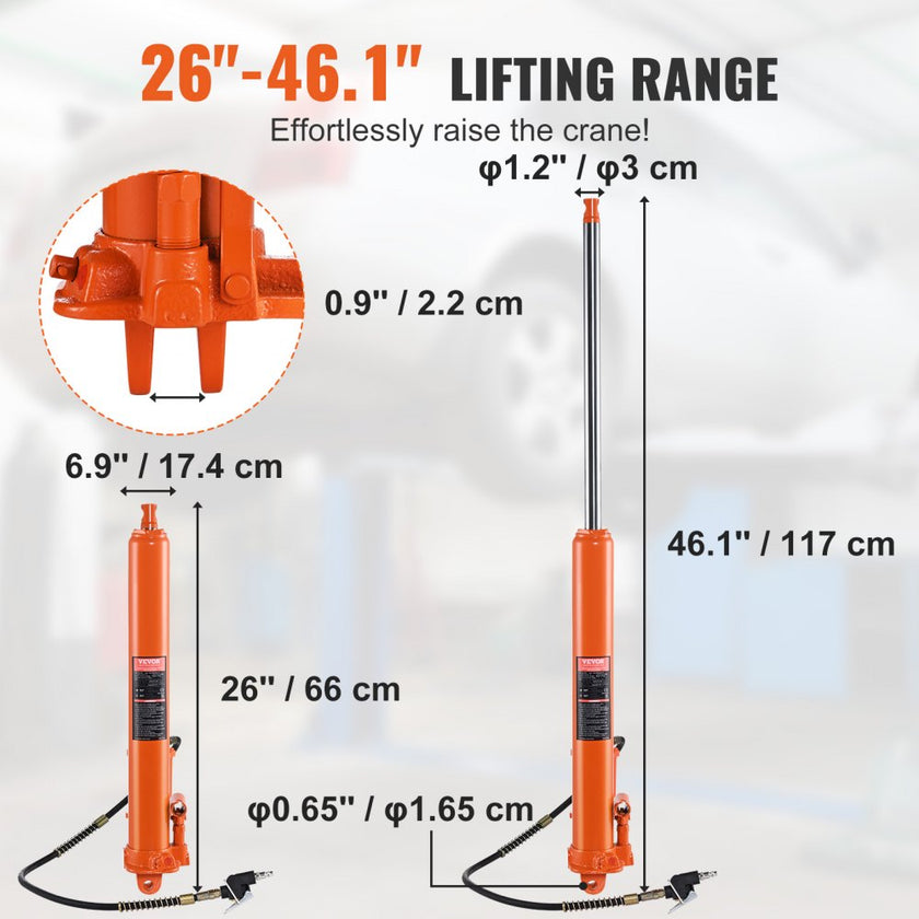 VEVOR Hydraulic Long Ram Jack, 8 Ton Engine Hoist Cylinder with Air Pump and Single Piston Pump, Hydraulic Ram Cylinder Clevis Base for Engine Lift Hoists, Garage/Shop Cranes, Mechanical, Farm