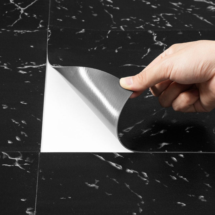 VEVOR Self Adhesive Vinyl Floor Tiles 12 x 12 inch, 50 Tiles 1.5mm Thick Peel & Stick, Black Marble Texture DIY Flooring for Kitchen, Dining Room, Bedrooms & Bathrooms, Easy for Home Decor