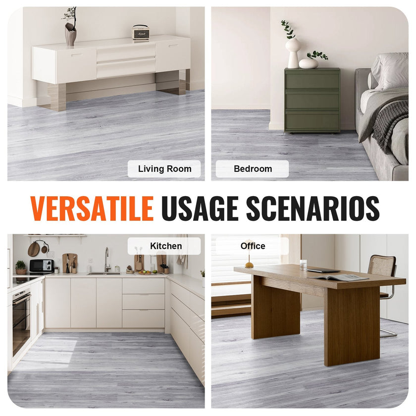 VEVOR Self Adhesive Vinyl Floor Tiles 36 x 6 inch, 20 Tiles 0.62mm Thick Peel & Stick, Light Gray Wood Grain DIY Flooring for Kitchen, Dining Room, Bedrooms & Bathrooms, Easy for Home Decor