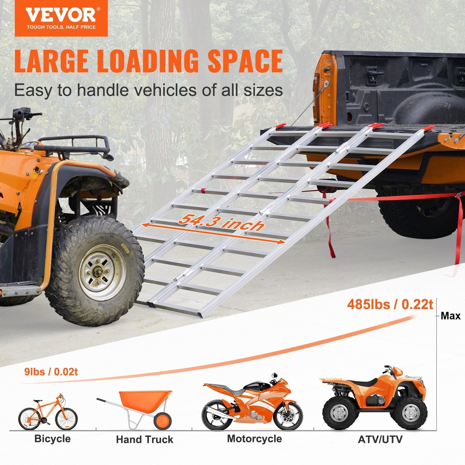 VEVOR Aluminum Ramps, 1500 lbs, Folding Loading Ramp with Load Straps, Tri-Fold Ramp for UTV, ATV, Trucks, Motorcycle, Lawnmower, Snow Blower, 77