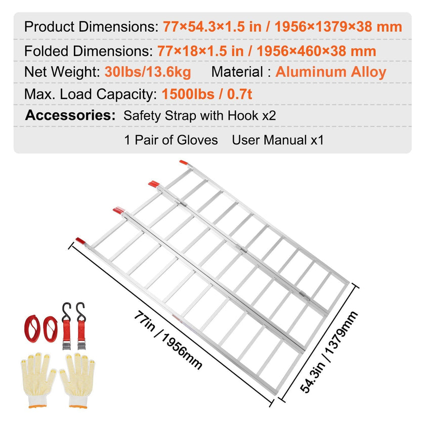 VEVOR Aluminum Ramps, 1500 lbs, Folding Loading Ramp with Load Straps, Tri-Fold Ramp for UTV, ATV, Trucks, Motorcycle, Lawnmower, Snow Blower, 77