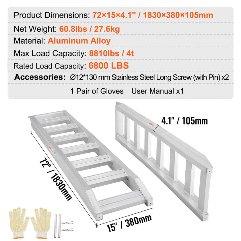 VEVOR Aluminum Ramps, 8810 lbs, Heavy-duty Ramps with Top Hook Attaching End, Universal Loading Ramp for Motorcycle, Tractor, ATV/UTV, Trucks, Lawn Mower, 72