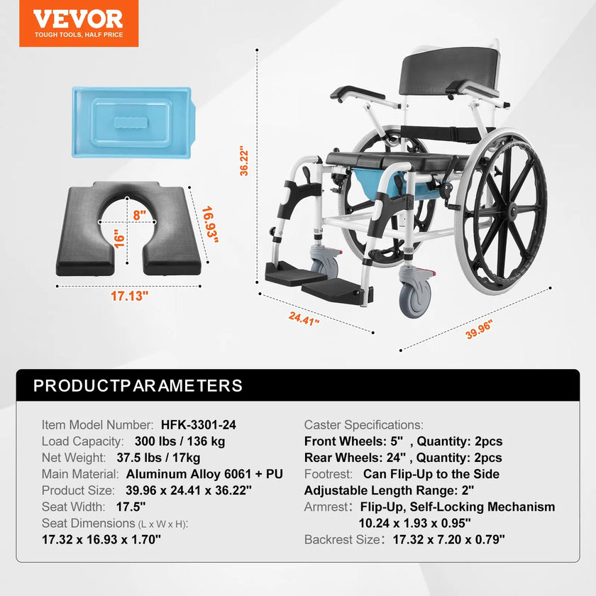 VEVOR Shower Wheelchair 17.5in Al Alloy Commode Bathroom Wheelchair for Disabled