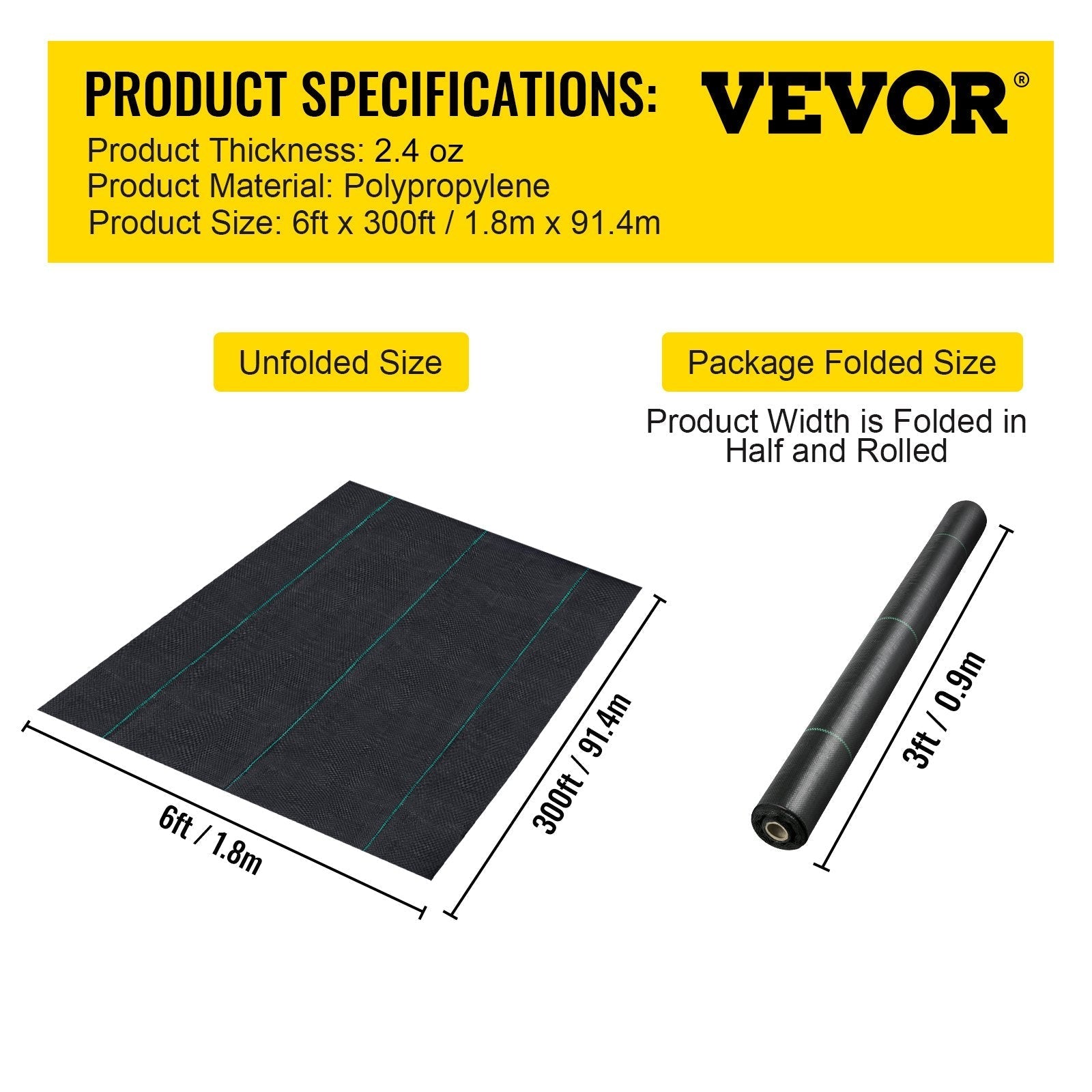 VEVOR 6FTx300FT Premium Weed Barrier Fabric Heavy Duty 1.5OZ, Woven Weed Control Fabric, High Permeability Good for Flower Bed, Geotextile Fabric for Underlayment, Polyethylene Ground Cover