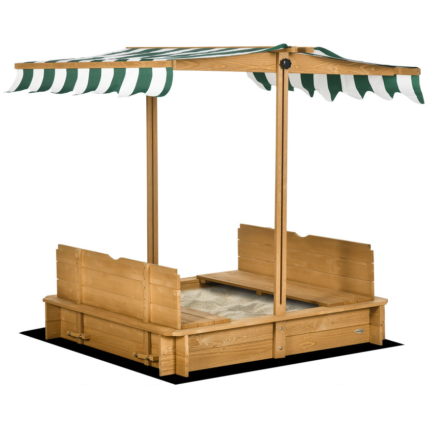 Outsunny Kids Sandbox Wooden with Cover Adjustable Canopy Foldable Bench Seats Sand Play Light Brown