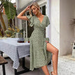 V-neck Lotus Leaf Sleeve Floral Split Dress