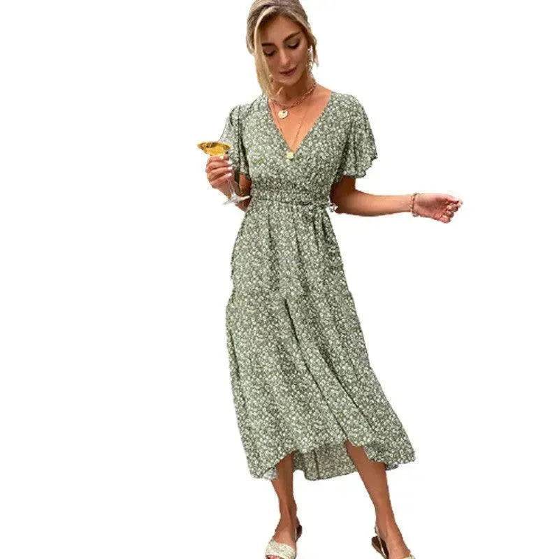 V-neck Lotus Leaf Sleeve Floral Split Dress