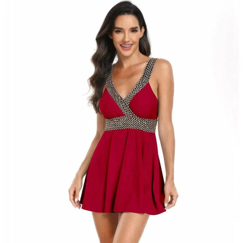 V-neck Printed Swimsuit Dress Summer Beach Vacation Bikini Fashion Womens Clothing