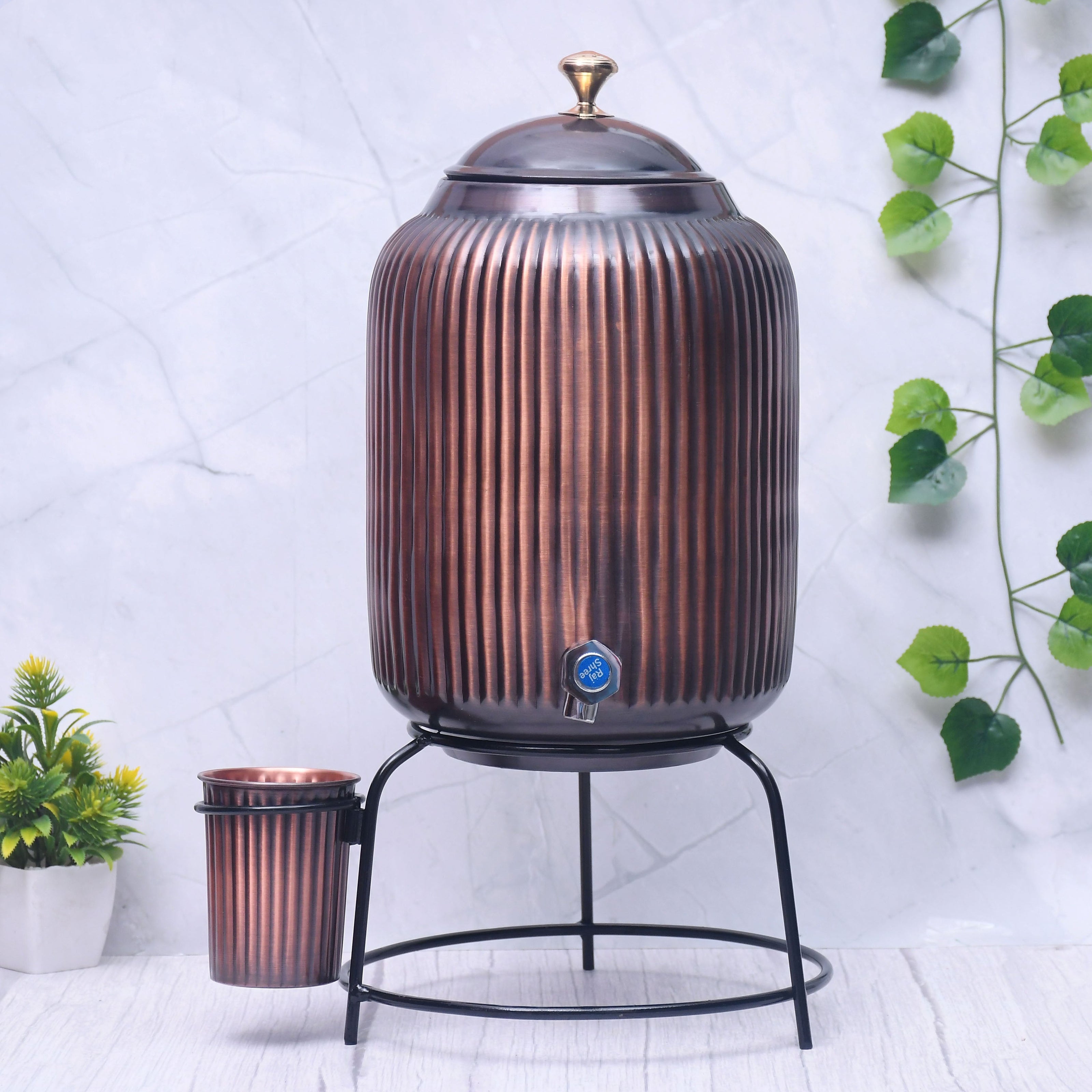 Pure Copper Water Dispenser with Glass & Stand – Antique Rope Design 5L/8L | Ayurvedic, Handcrafted
