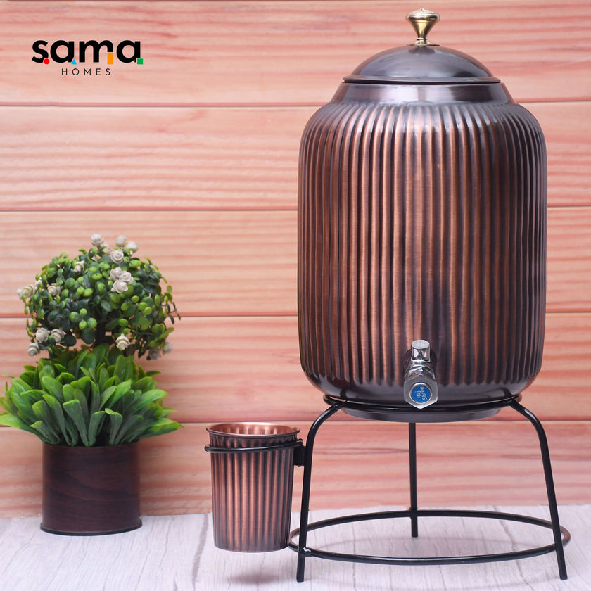 Pure Copper Water Dispenser with Glass & Stand – Antique Rope Design 5L/8L | Ayurvedic, Handcrafted