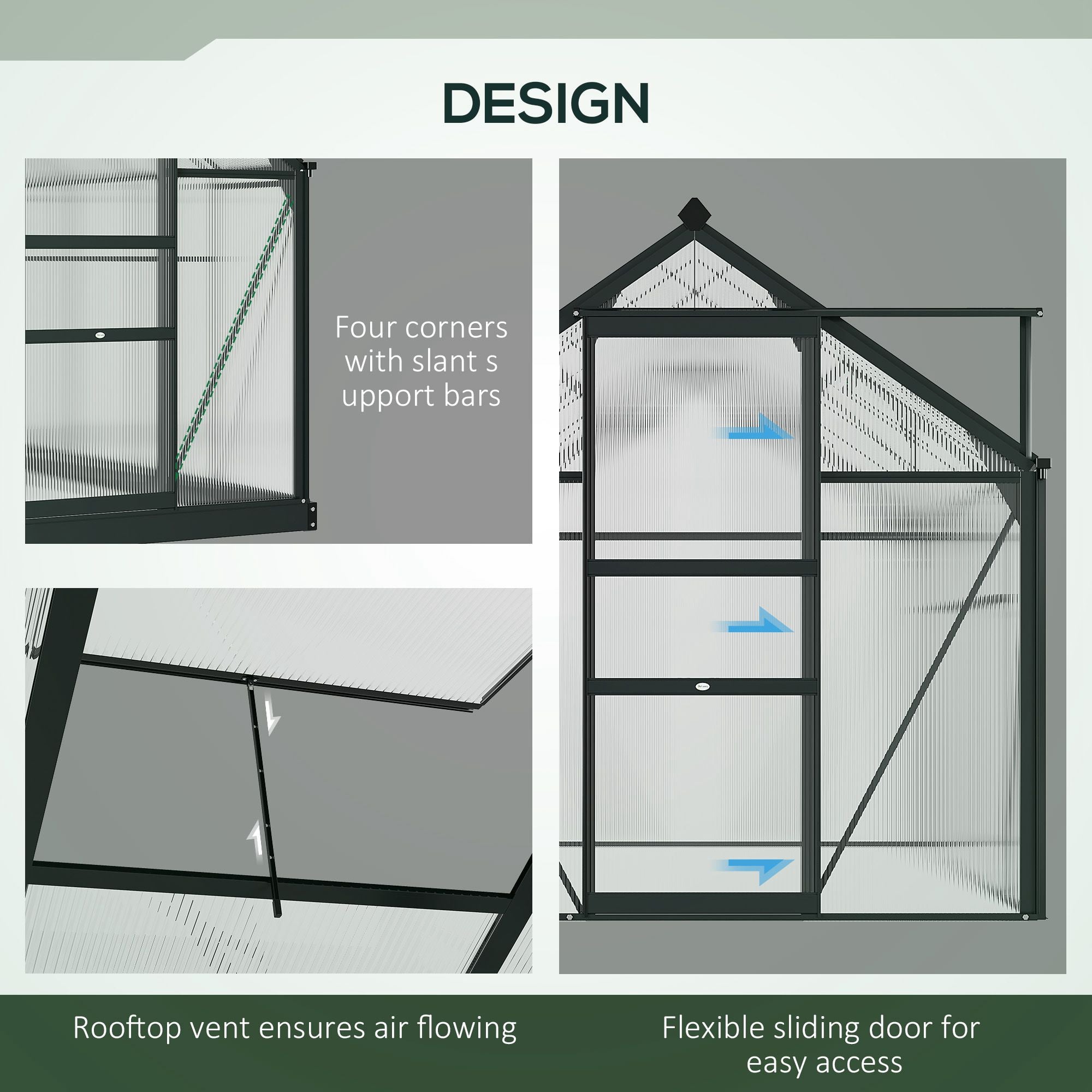 Outsunny Polycarbonate Greenhouse Kit 6.2'x6.3'x6.6' with Sliding Door, Sturdy Frame for Outdoor Gardening - Grey