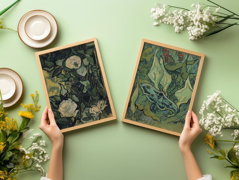 Van Gogh Art Prints: Roses and Moth, Green Wall Art