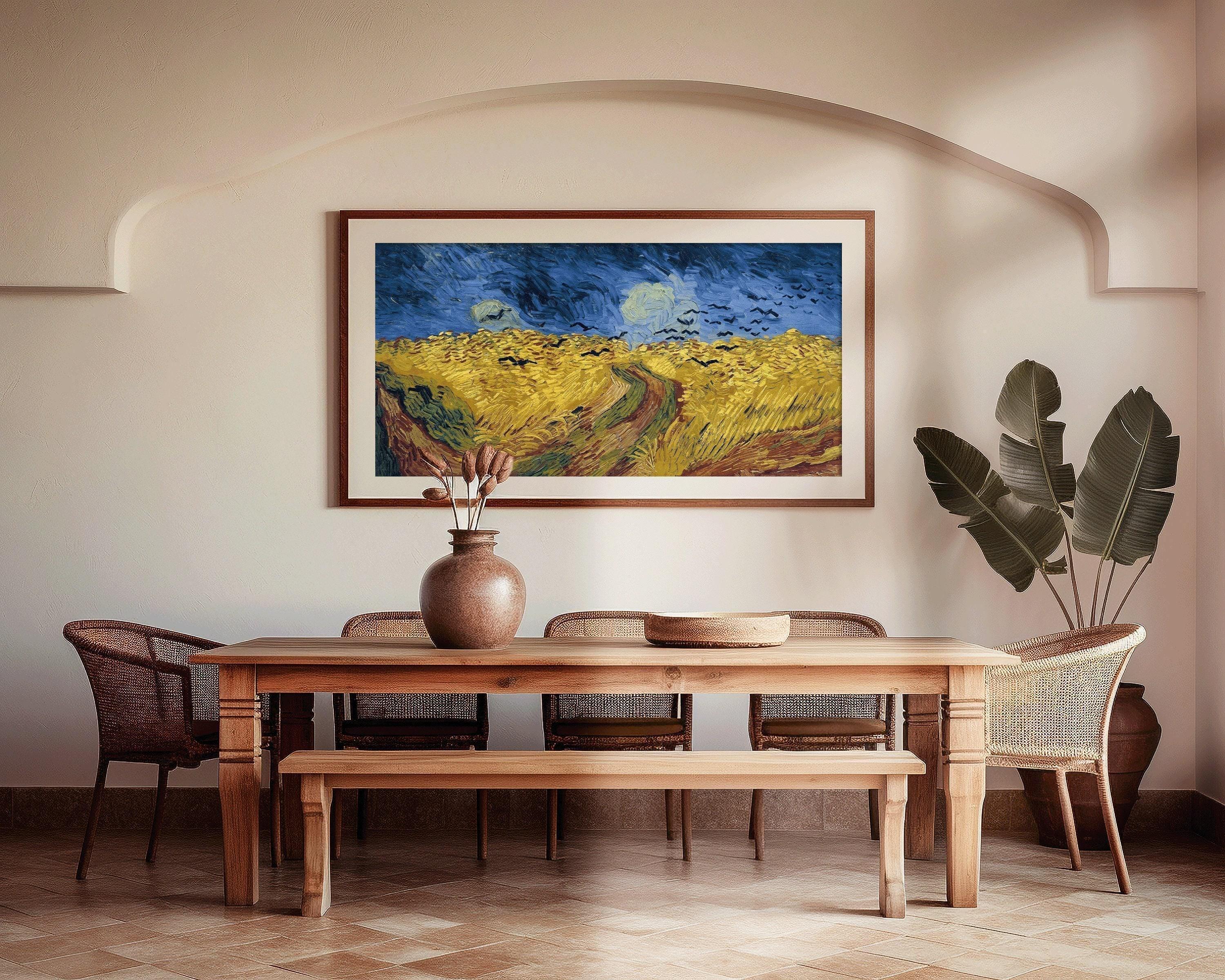 Van Gogh Wheatfield with Crows Print: Vintage Panoramic Art, Handframed Option (2x1)