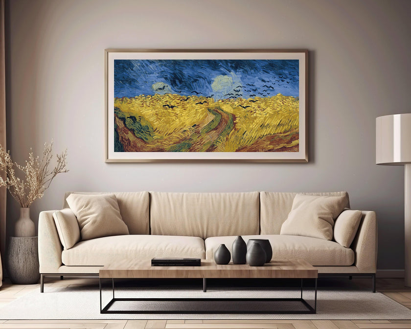 Van Gogh Wheatfield with Crows Print: Vintage Panoramic Art, Handframed Option (2x1)