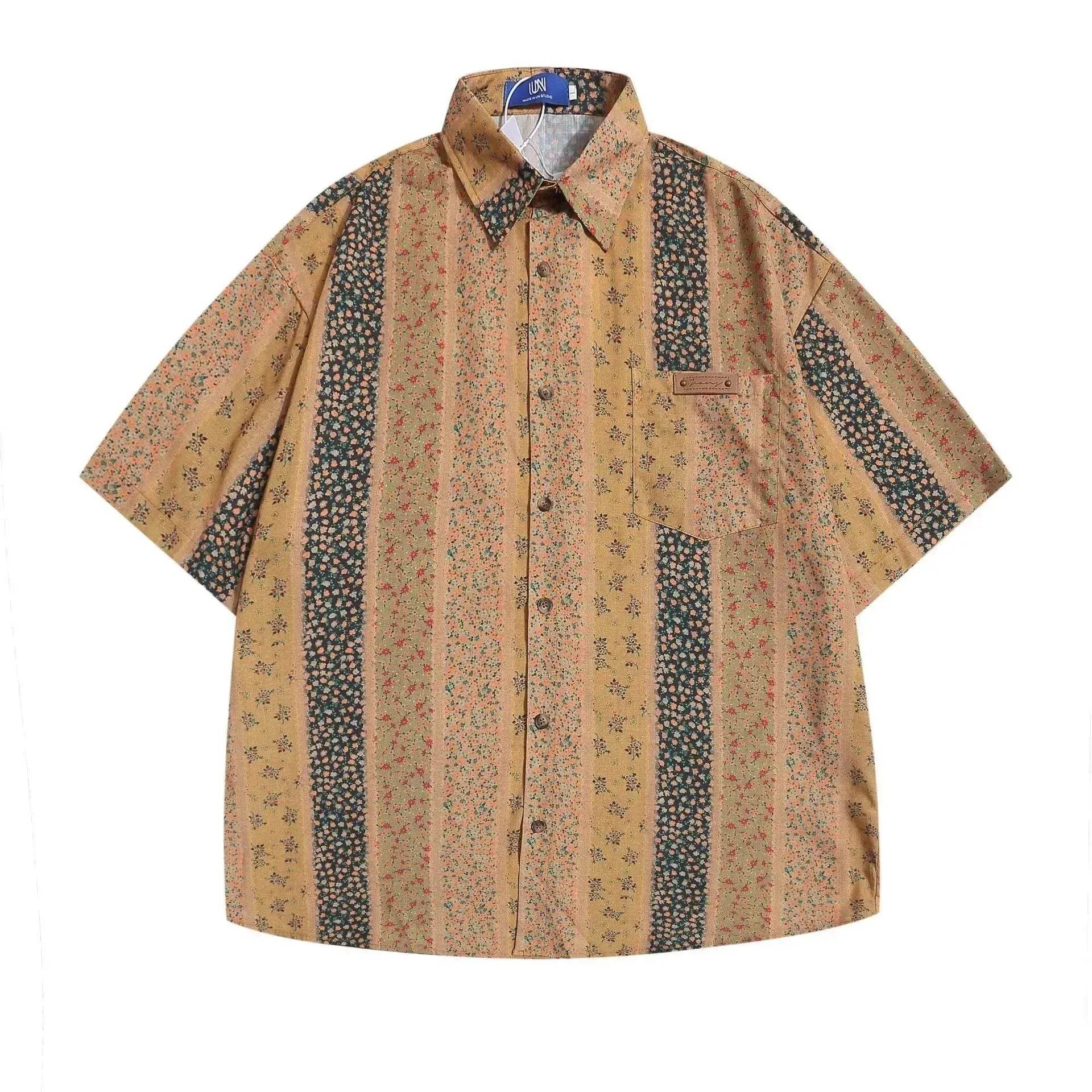 Vertical Stripes Small Floral Short-sleeved Casual Shirt
