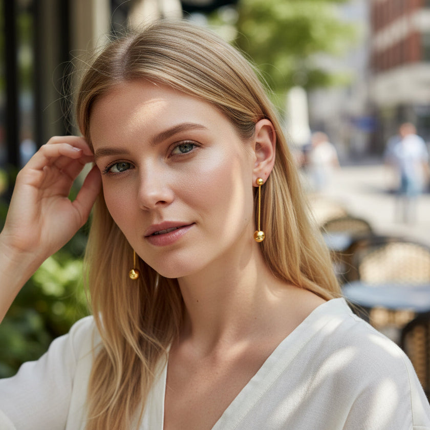 Hanging Ball Stud Earring- Gold Stainless Steel