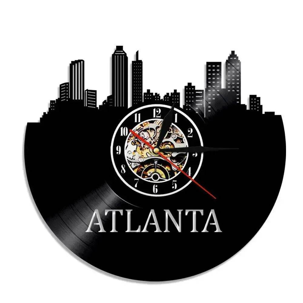 Wall Clock Vinyl Wall Clock  Atlanta Skyline Vinyl Record Clock Georgia Wall Art Atlanta Wall Decor Vinyl Clock Lights Silent Clock
