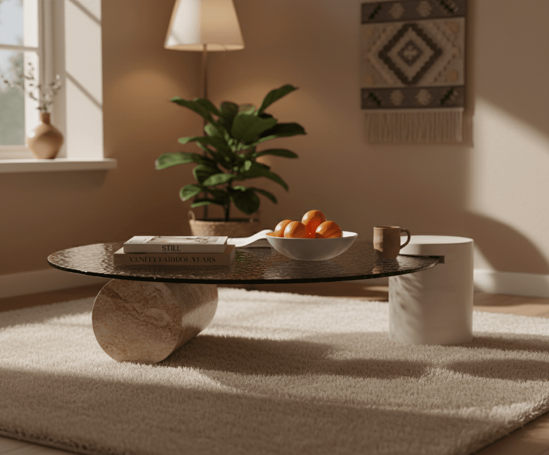 Water Ripple Glass Coffee Table with Stone Base