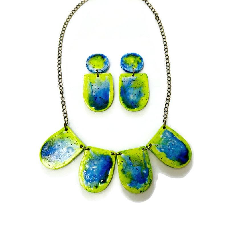Watercolor Jewelry Set with Statement Necklace & Earrings Handmade