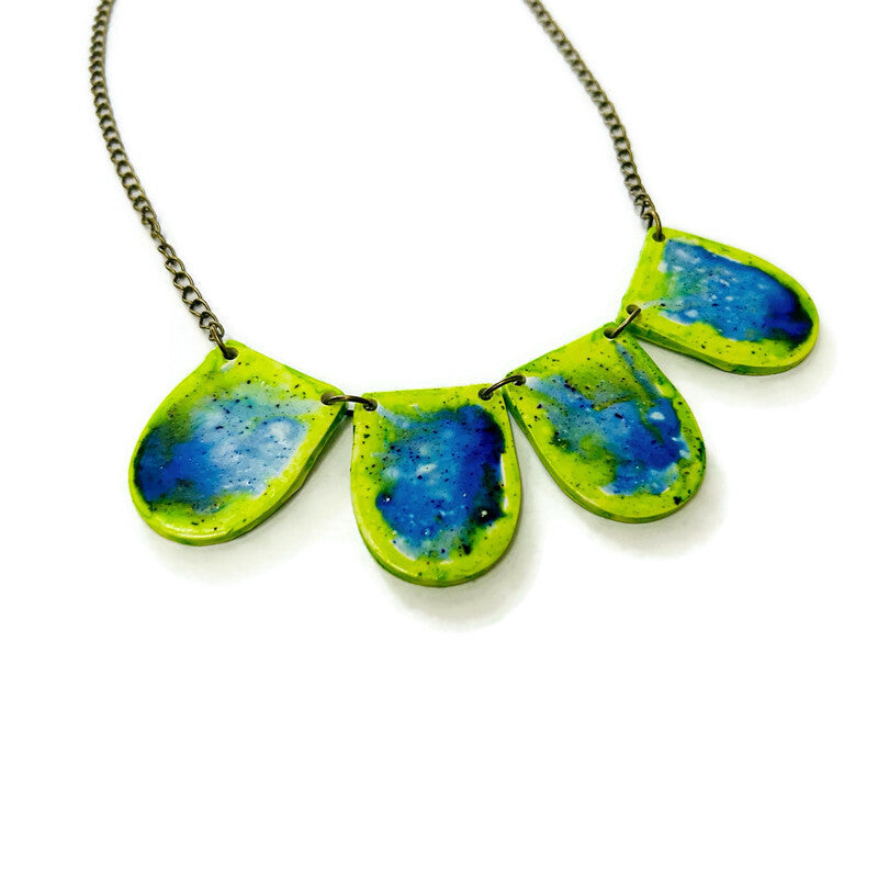 Handmade Bib Statement Necklace in Watercolor Green & Blue