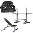 Squat Rack, Bench, Barbell & Weight Plates Stack