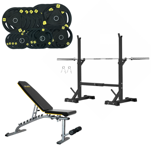 Squat Rack, Bench, Barbell & Weight Plates Stack