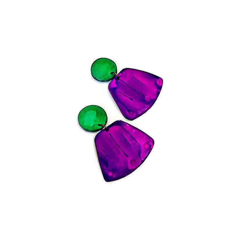 Wide Statement Earrings in Purple & Green- 