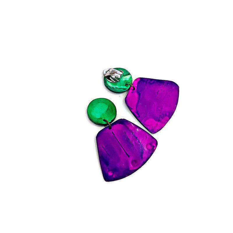 Wide Statement Earrings in Purple & Green- 