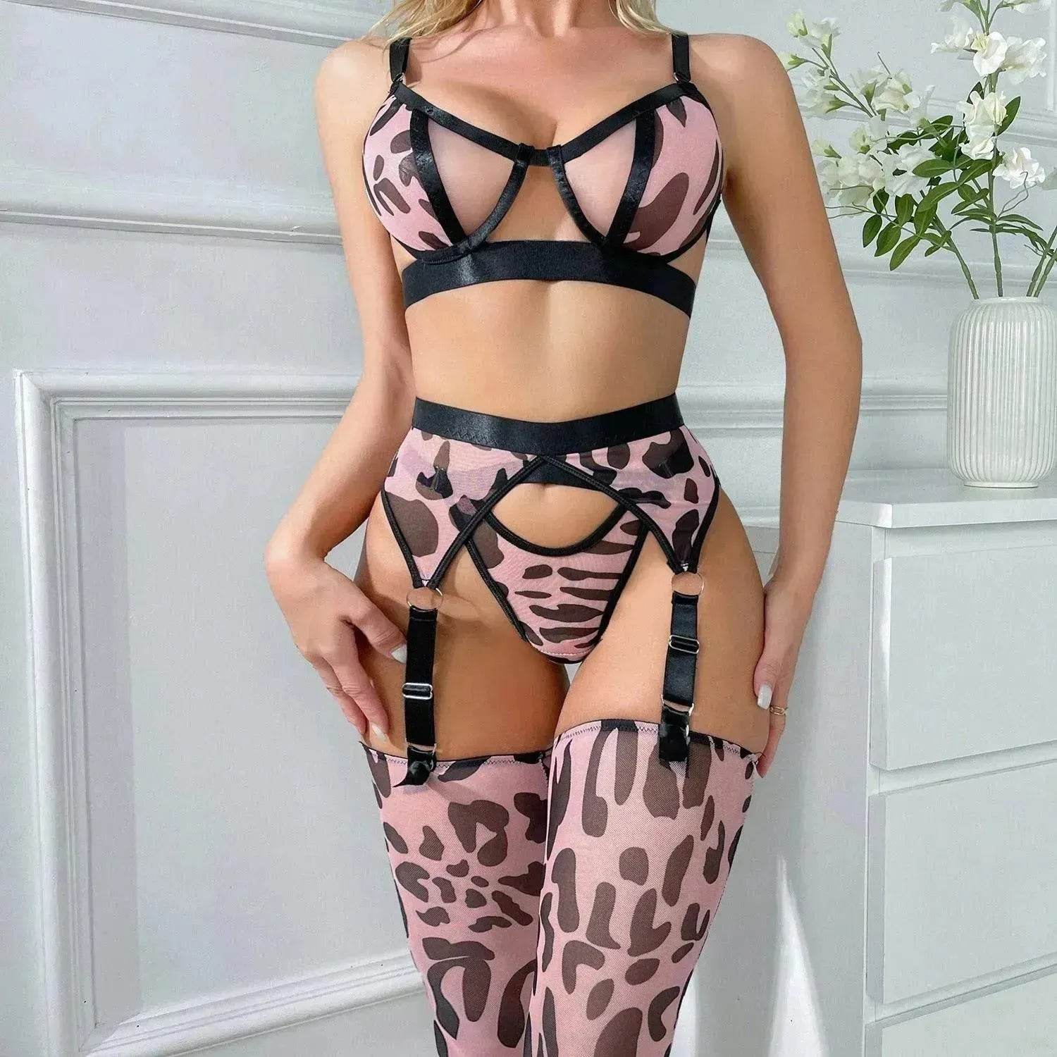 Wild Leopard Print Mesh Hollow Lingerie Stockings Charming Lingerie Set