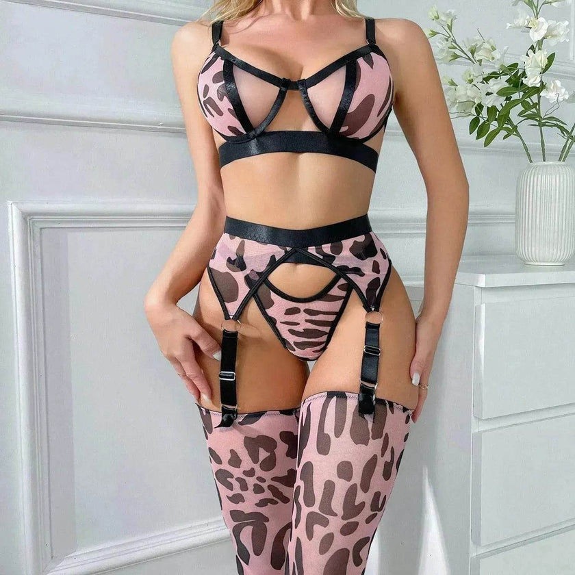 Wild Leopard Print Mesh Hollow Lingerie Stockings Charming Lingerie Set