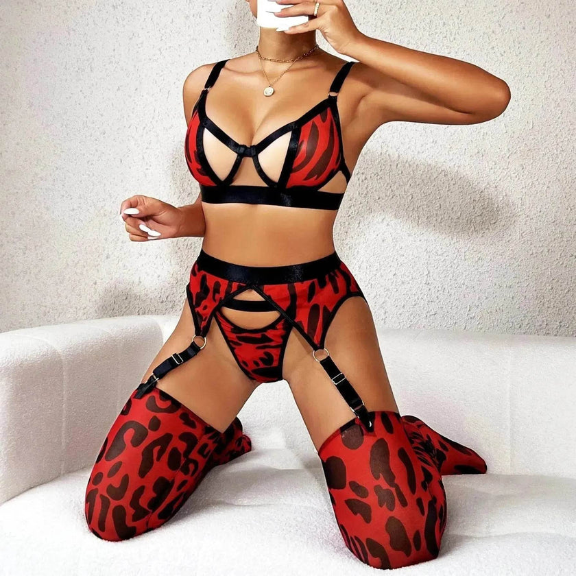 Wild Leopard Print Mesh Hollow Lingerie Stockings Charming Lingerie Set