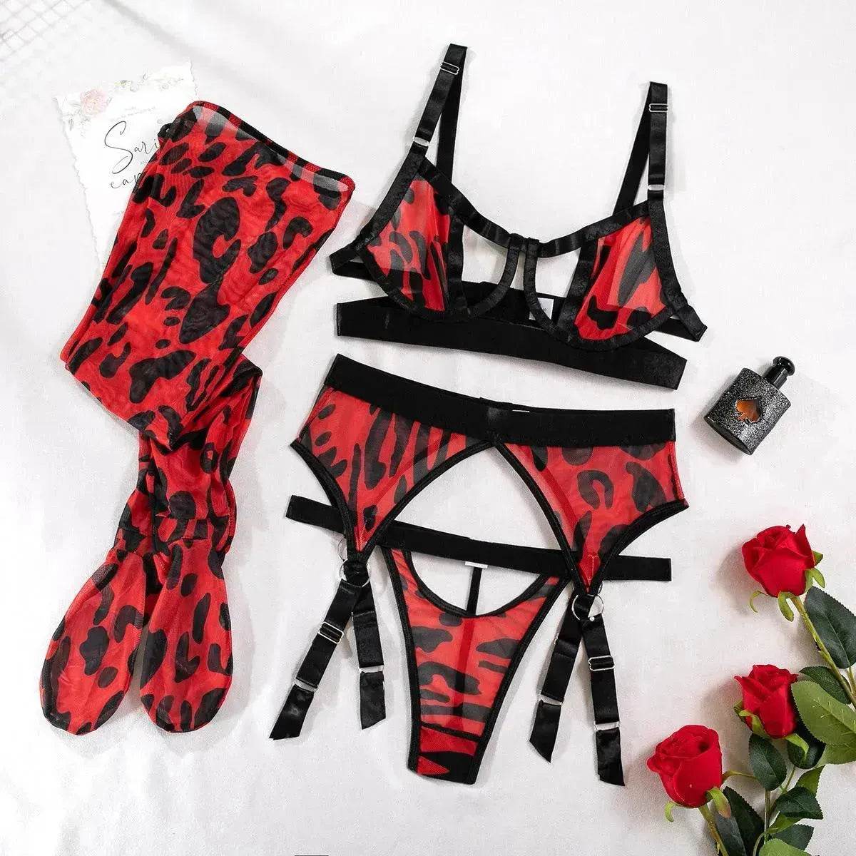 Wild Leopard Print Mesh Hollow Lingerie Stockings Charming Lingerie Set