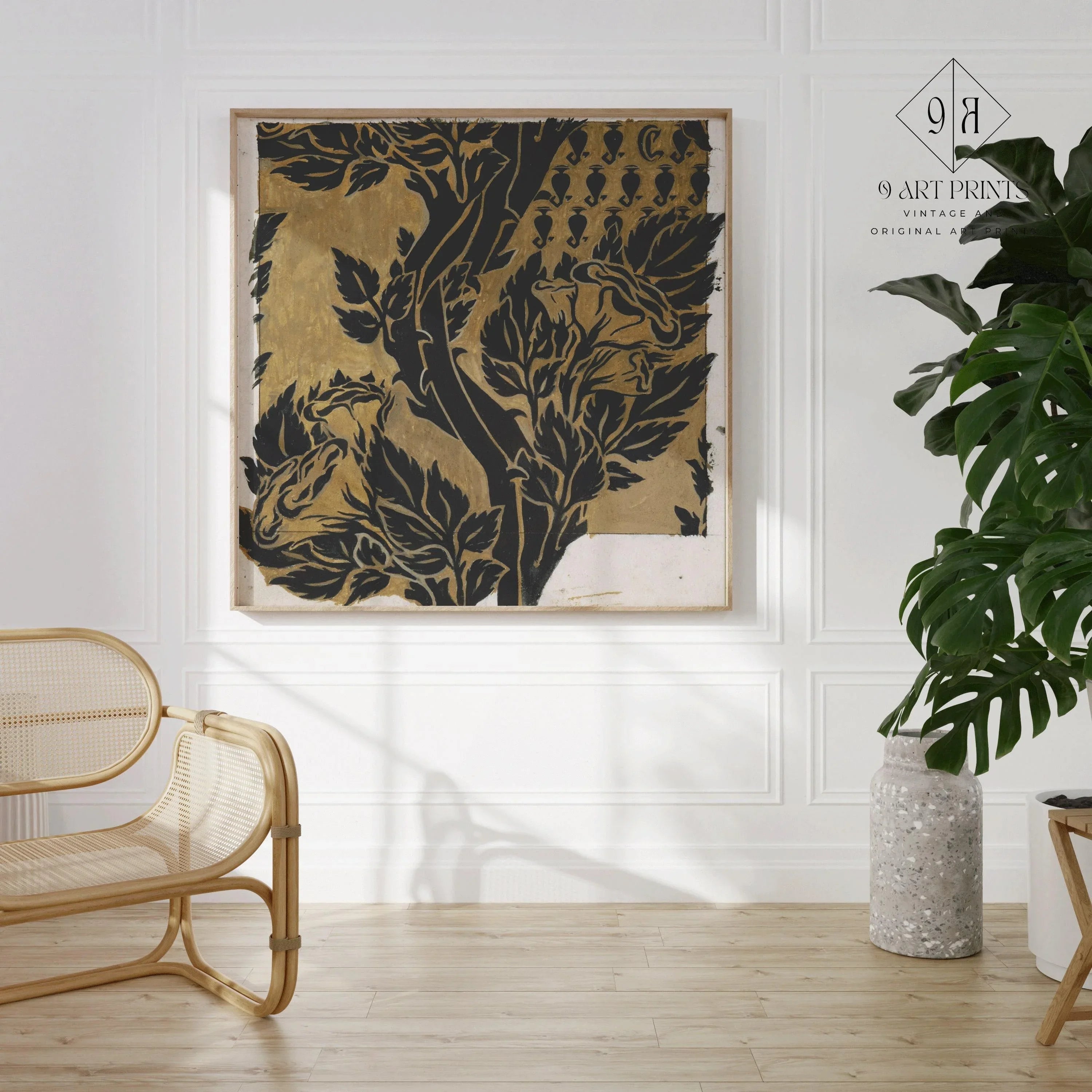 William Morris Botanical Art Print: Black on Gold Vintage Pattern (1x1)